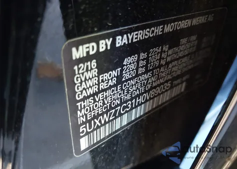 2017 BMW X3 Sdrive28I z USA, uszkodzony, nr VIN 5UXWZ7C31H0V89035